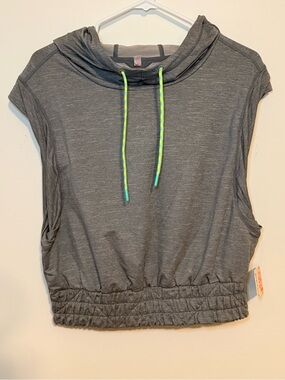 FP Movement by Free People Gray Cropped Hooded Tank with Neon Drawstrings